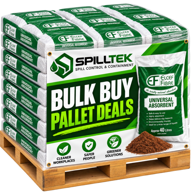 Spilltek bulk buy pallet deals of Elcef fibre coir based universal spillage absorbent in 20-litre, 40-litre and 80-litre bags