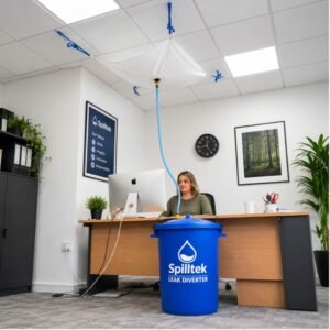 spilltek leak diverter kit with white tarpauline in office