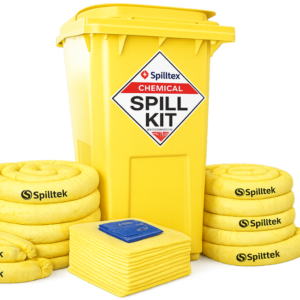 Spilltek chemical spill kit in 120litre, 240litre, 360litre wheelie bin with drop front