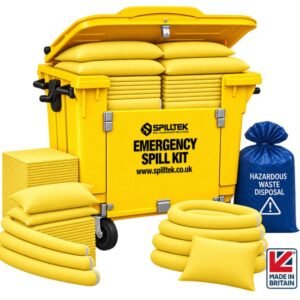 astra Spilltek chemical spill kit in 1200litre wheeled bin with drop front