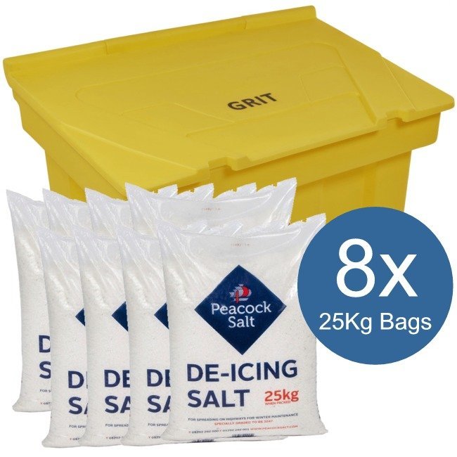 Stackable Grit Bin with White De-icing Salt | 8 Bags