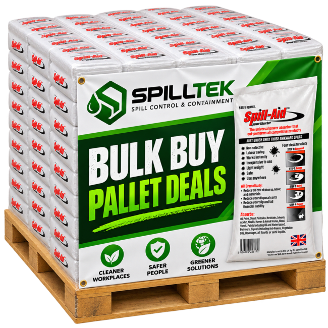 Spilltek bulk buy pallet deals of soill-aid 5-litre pouches. 96 & 196 pouches