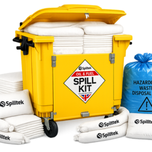 Spilltek oil & fuel spillkit in 1200litre wheeled bin with drop front