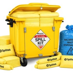 Spilltek chemical spill kit in 1200litre wheeled bin with drop front