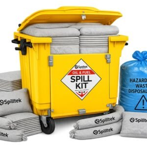 Spilltek general purpose maintenace spill kit in 1200litre wheeled bin with drop front