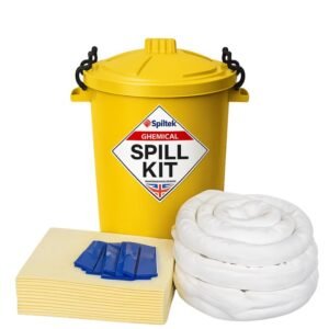 spilltek chemical spill kit in 65 litre yellow plastic lidded drum