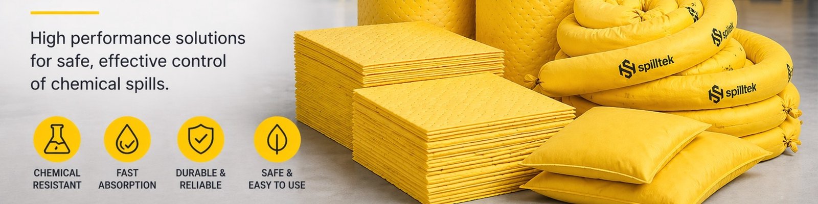 Chemical absorbent padS, cushions, socks, pillows, rolls