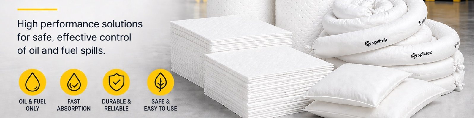 oil & fuel absorbent pads, cushions, socks, pillows, rolls