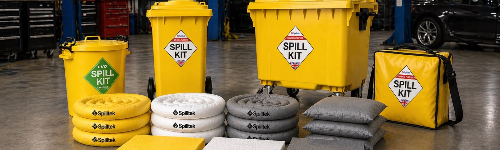 Spilltek emergency spill kits, chemical, oil, general purpose, adblue and universal in bags, bins and wheelie bins