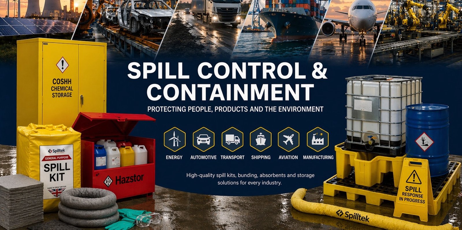 Spill Control & Containment. Trusted protection for people, products, property and the Environment. High quality spill kits, absorbents, spill pallets, bunding products for every industry. Marine, automotive, transport, shipping, aviation, manufacturing.