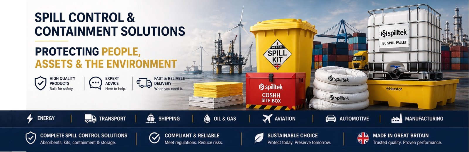 Spill Control & Containment. Trusted protection for people, products, property and the Environment. High quality spill kits, absorbents, spill pallets, bunding products for every industry. Marine, automotive, transport, shipping, aviation, manufacturing.