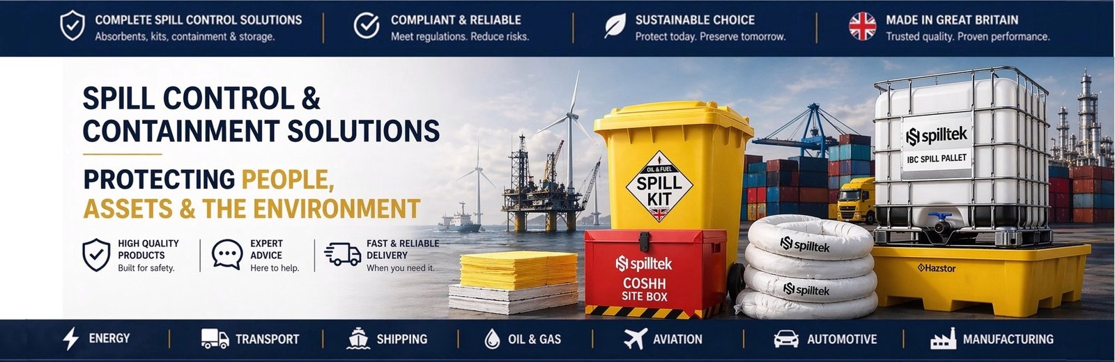 Spill Control & Containment. Trusted protection for people, products, property and the Environment. High quality spill kits, absorbents, spill pallets, bunding products for every industry. Marine, automotive, transport, shipping, aviation, manufacturing.