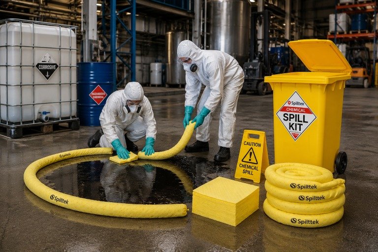 Spilltek chemical spill kits in shoulder bags, floor bins, wheeled bins and cabinets