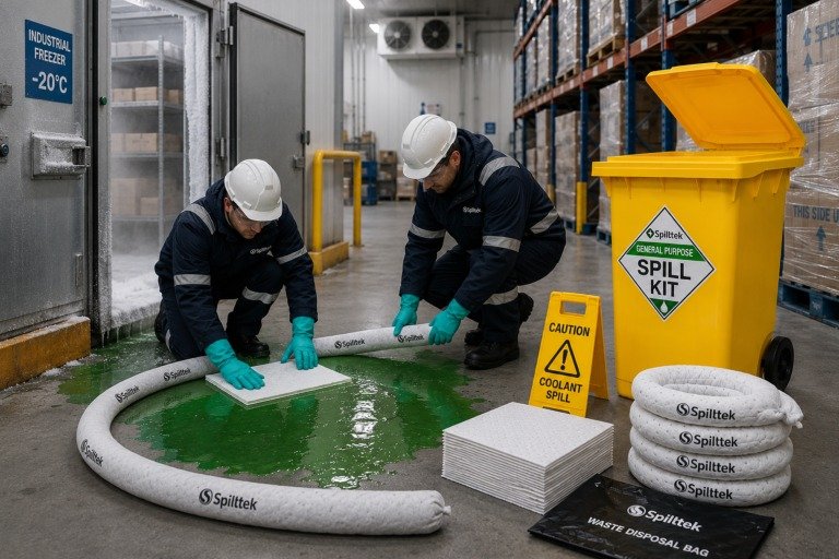 Spilltek general purpose spill kits in shoulder bags, floor bins, wheeled bins and cabinets