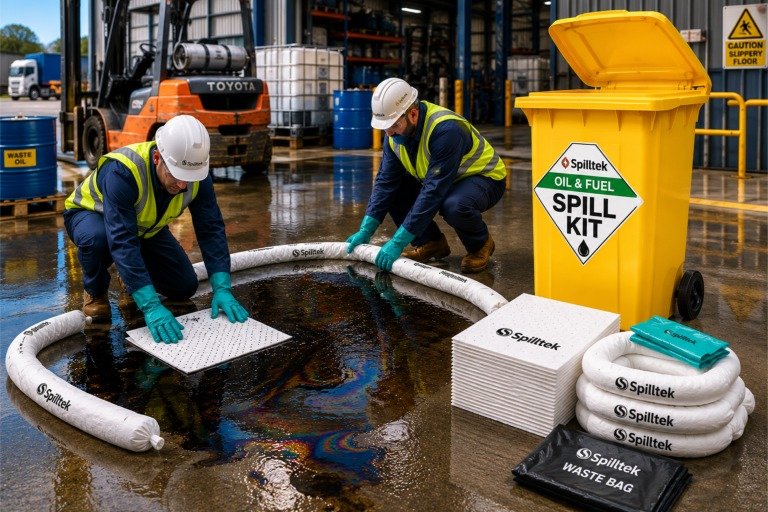 Spilltek oil & fuel spill kits in shoulder bags, floor bins, wheeled bins and cabinets