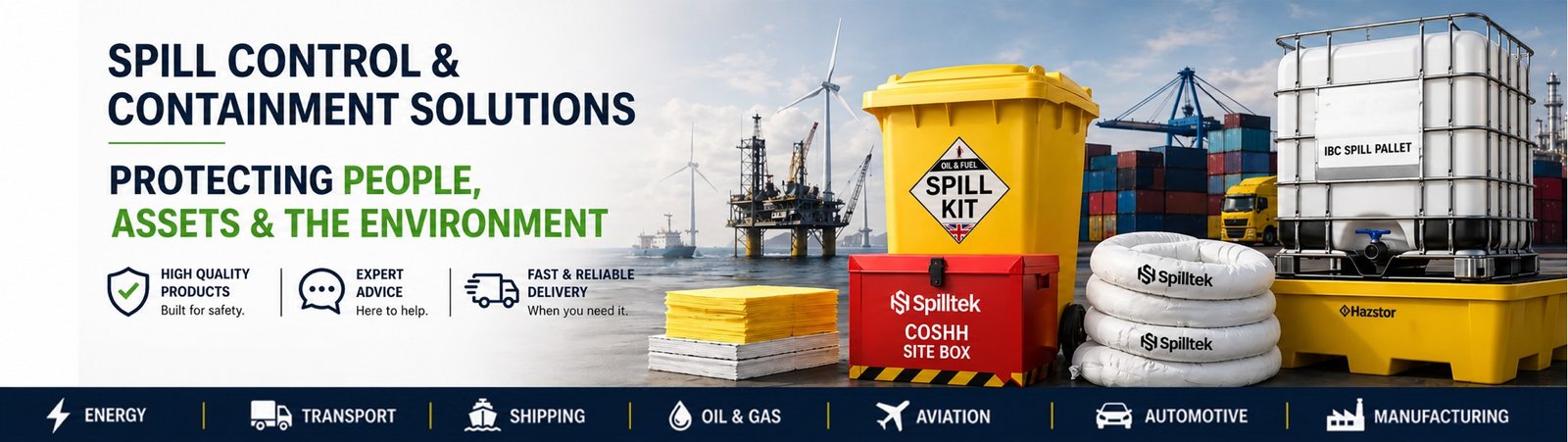 Spill Control & Containment. Trusted protection for people, products, property and the Environment. High quality spill kits, absorbents, spill pallets, bunding products for every industry. Marine, automotive, transport, shipping, aviation, manufacturing.