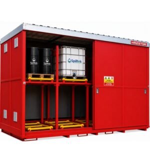Hazstor dual purpose chemical store with push back frame 16 ibc 64 drum