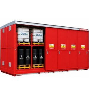Hazstor dual purpose chemical store with push back frame 96 ibc 24 drum
