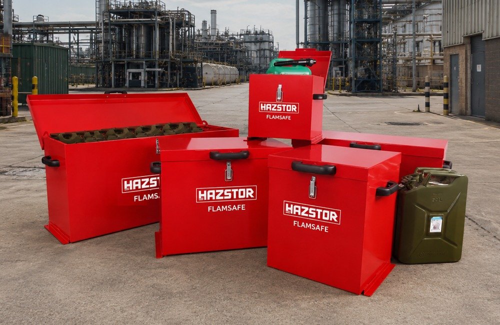 Hazstor flamsafe site and vehicle boxes for safe storage of flammable and hazardous liquids
