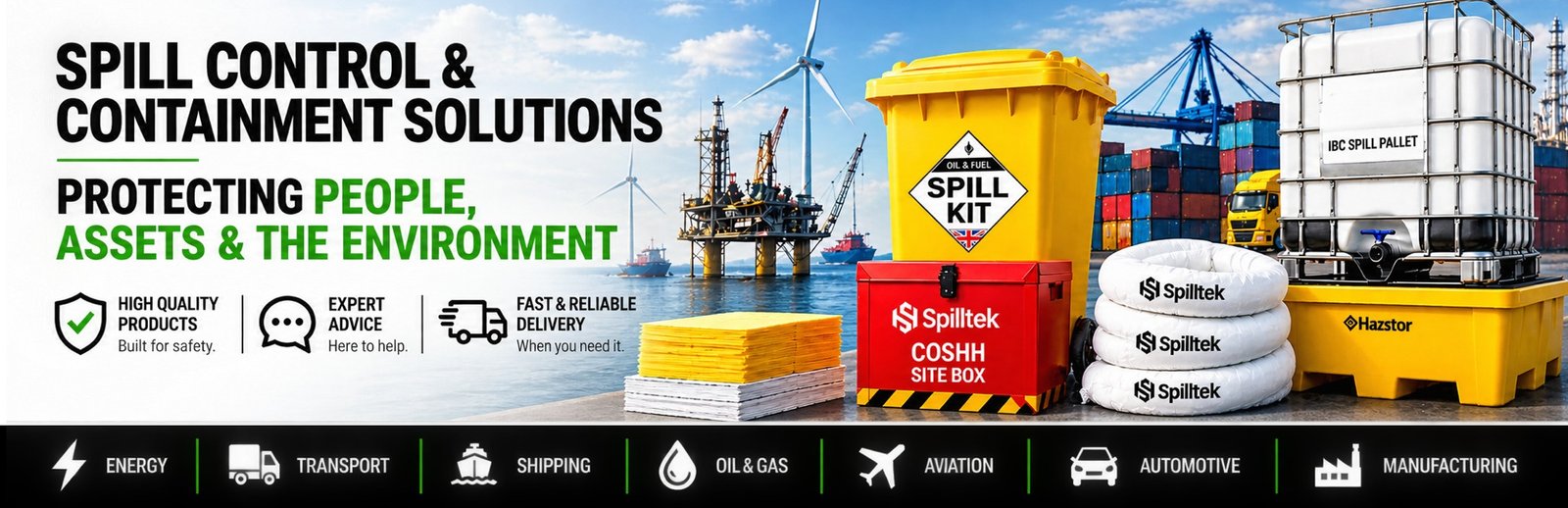 Spill Control & Containment. Trusted protection for people, products, property and the Environment. High quality spill kits, absorbents, spill pallets, bunding products for every industry. Marine, automotive, transport, shipping, aviation, manufacturing.