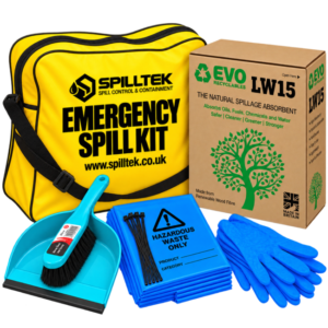 spilltek WF15 LW15 emergency spill kit in shoulder bag. with LW15 evo recycled dispenser boxes