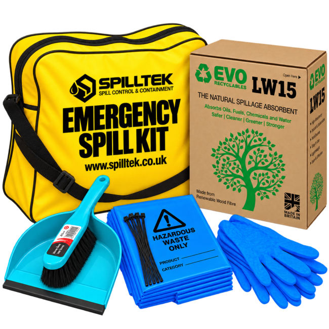 spilltek WF15 LW15 emergency spill kit in shoulder bag. with LW15 evo recycled dispenser boxes