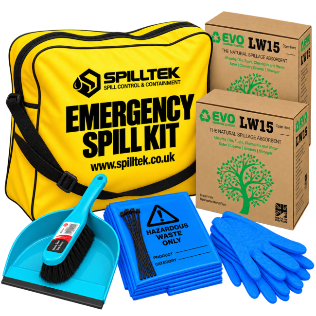 spilltek WF30 emergency spill kit in shoulder bag. 2 LW15 evo recycled dispenser boxes